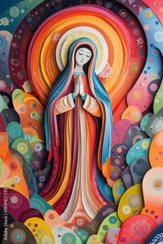 A stunning paper cut design of the Blessed Virgin Mary, filled with bright, colorful layers. 