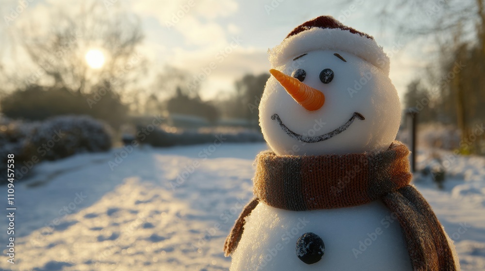 Obraz premium Cheerful Snowman with Scarf and Hat Surrounded by Winter Landscape
