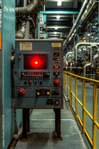 Industrial Control Panel with Red Alert Light in Factory Setting - Industrial Engineering and Manufacturing Concept
