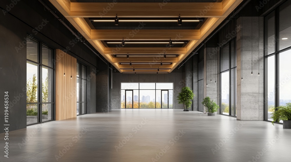 A large room with two windows and a ceiling of orange lights A large room with two windows and a ceiling of orange lights