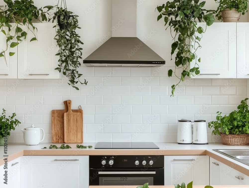 Luxurious Modern Kitchen Interior with Black Oven and Green Plants, Contemporary Home Decor Concept Luxurious Modern Kitchen Interior with Black Oven and Green Plants, Contemporary Home Decor Concept