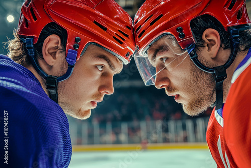 Intense rivalry displayed in an epic clash between two hockey players on the ice during a thrilling match in a vibrant arena atmosphere photo