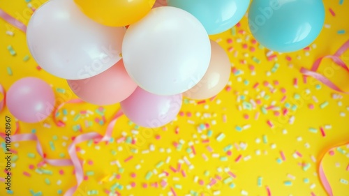 A cluster of colorful balloons floats above a vibrant yellow surface, adorned with scattered confetti and pink ribbons, creating a festive and celebratory atmosphere.