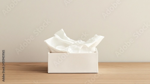 White Box with Tissue Paper on Wooden Surface Minimalist Style