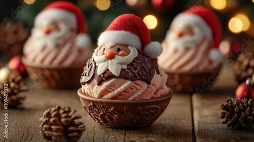 Santa Claus Ice Cream Treat with Festive Decorations and Pinecones