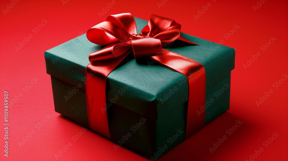A beautifully wrapped green gift box with a vibrant red ribbon on a red background, perfect for Christmas or special occasions
A beautifully wrapped green gift box with a vibrant red ribbon on a red background, perfect for Christmas or special occasions