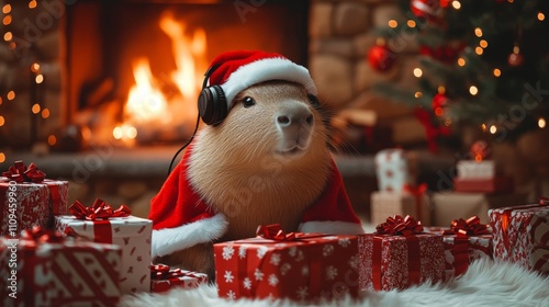 Adorable capybara wearing a Santa suit with headphones, nestled among patterned gifts, capturing a whimsical, joyful Christmas vibe next to a cozy fire.