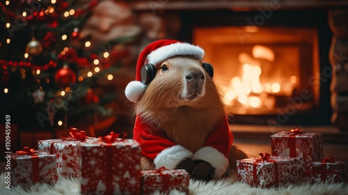 A charming capybara in Santa garb with headphones amidst gift boxes, embodying a warm, cozy Christmas moment in front of a glowing festive fireplace.