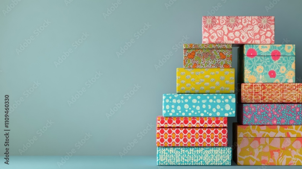Fototapeta premium Colorful Stacked Gift Boxes on a Soft Blue Background