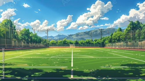 Sunny day at a green grass soccer field with mountains in the background.