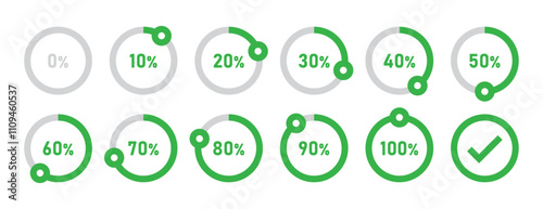Infographic loading circles and progress circles set with 0 to 100 percent in green color. Set of circle percentage diagrams for infographics 0 10 20 30 40 50 60 70 80 90 100 percent. Vector icon