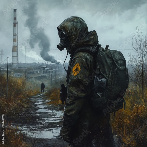 A hooded figure in a gas mask and backpack stands on a muddy path, observing an abandoned industrial facility with smokestacks. The desolate and haunting scene captures the essence of post-apocalyptic photo