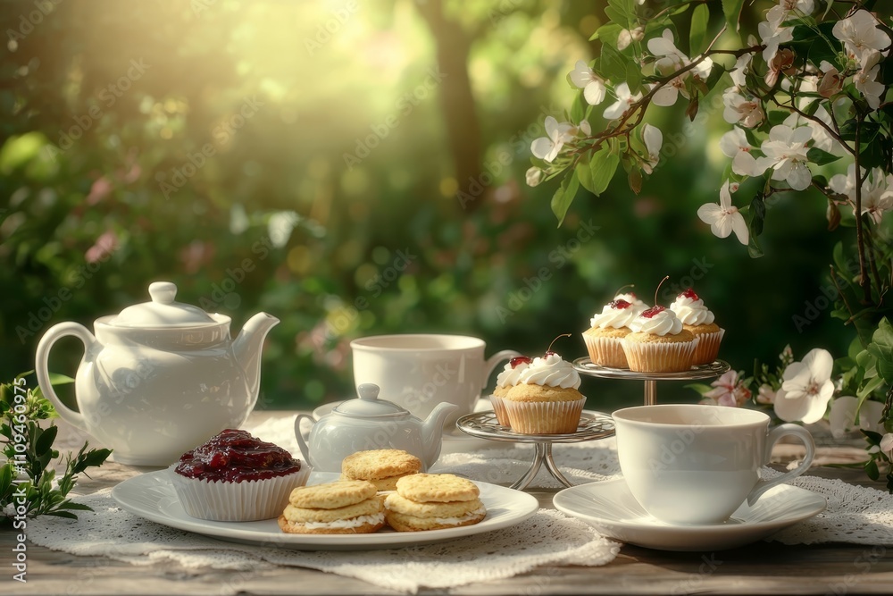 Serene Outdoor Tea Party with Cupcakes and Teapot on Rustic Table under Blossoming Tree - Idyllic Al Fresco Gathering in Garden Setting Serene Outdoor Tea Party with Cupcakes and Teapot on Rustic Table under Blossoming Tree - Idyllic Al Fresco Gathering in Garden Setting