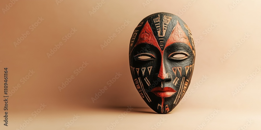 African art inspired mask with tribal patterns on neutral background