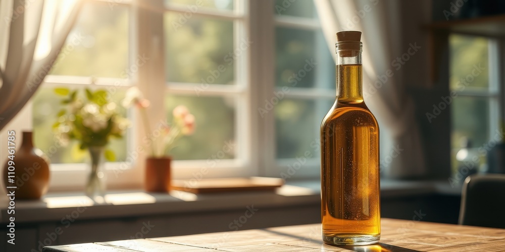 A Glass Bottle of Golden Liquid Stands on a Wooden Table with a Window and Flowers in the Background A Glass Bottle of Golden Liquid Stands on a Wooden Table with a Window and Flowers in the Background