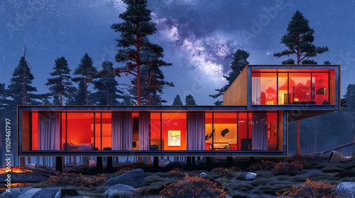 3d rendered cross section of a modern home illuminated at night for architectural visualization