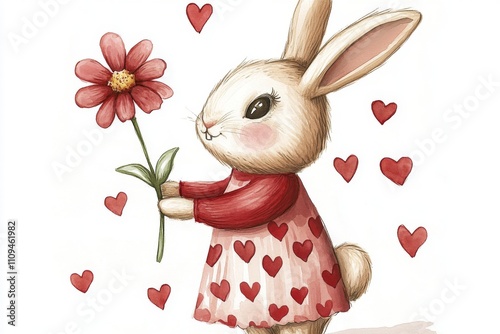 A delightful rabbit in a heart-decorated dress presents a pink flower amid scattered hearts, symbolizing love, joy, and kindness in a playful illustration.