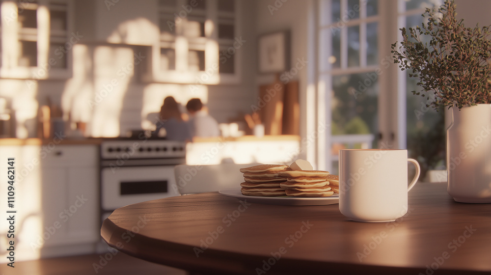 Family Breakfast in Cozy Kitchen with Coffee and Pancakes Family Breakfast in Cozy Kitchen with Coffee and Pancakes