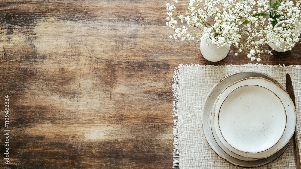 Rustic Table Setting with Plates and Flowers on Wooden Surface Rustic Table Setting with Plates and Flowers on Wooden Surface