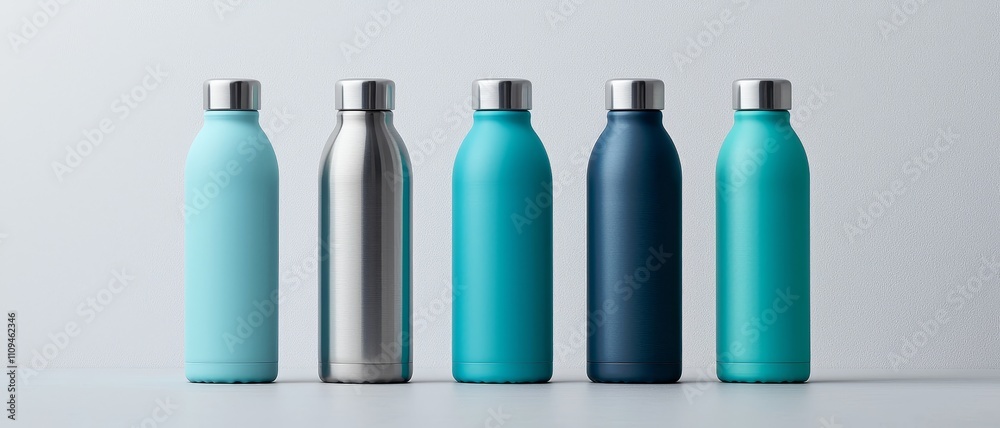 Symmetrical Array of Insulated Water Bottles on Light Gray Background, Modern Minimalist Product Display Symmetrical Array of Insulated Water Bottles on Light Gray Background, Modern Minimalist Product Display