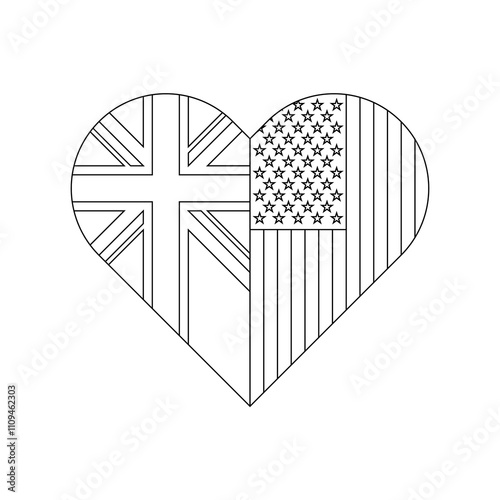 heart shape outline of union jack and american flag. vector illustration isolated on white background
