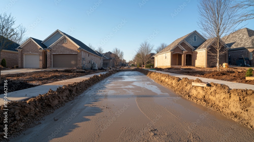 Obraz premium Symmetrical Progress Newly Poured Concrete Road in Residential Development under Clear Skies Real Estate Construction Site Concept