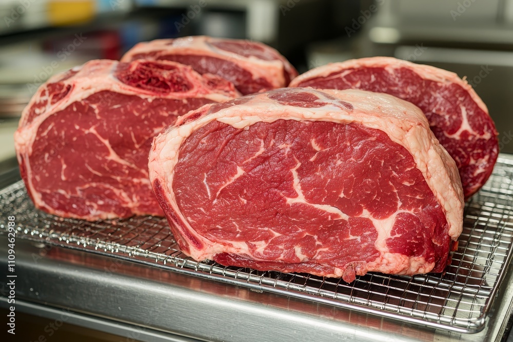 Tantalizing Closeup of Marbled Rib Eye Steaks on Stainless Steel Tray in Professional Kitchen - Gourmet Food Photography for Culinary Enthusiasts and Butchery Promotions Tantalizing Closeup of Marbled Rib Eye Steaks on Stainless Steel Tray in Professional Kitchen - Gourmet Food Photography for Culinary Enthusiasts and Butchery Promotions