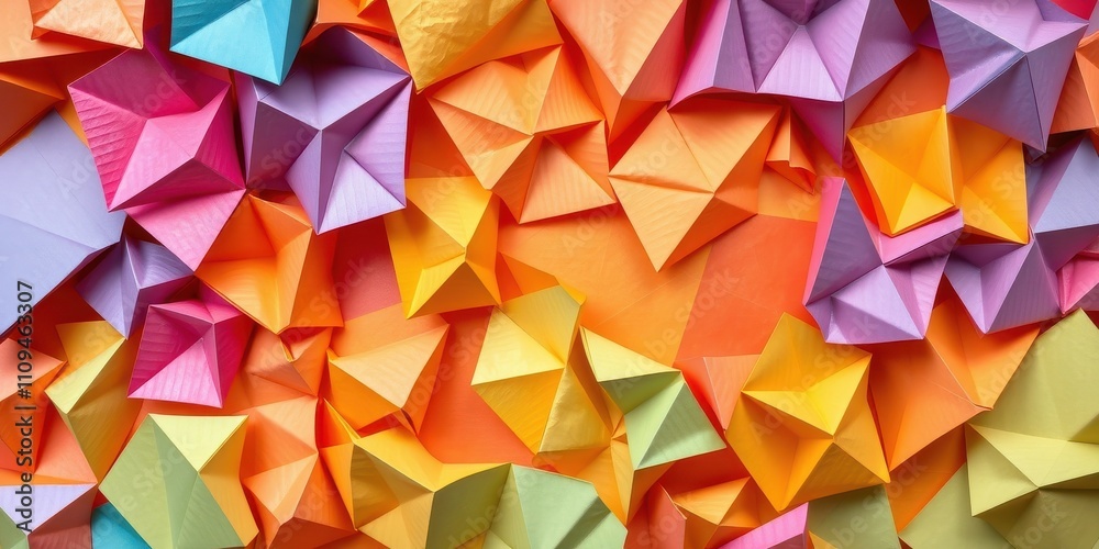 Obraz premium A vibrant and playful pattern of folded paper in shades of orange, pink, yellow, blue, and purple, creating a dynamic and textured abstract design.