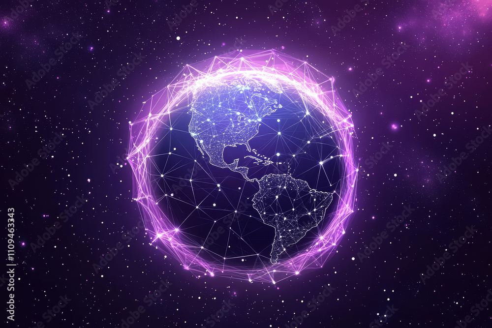 Obraz premium Purple holographic glowing globe from space inside digital network grid on a starry sky background. Concept of metaverse, matrix, web 3.0, futuristic digital technology, global connections. 