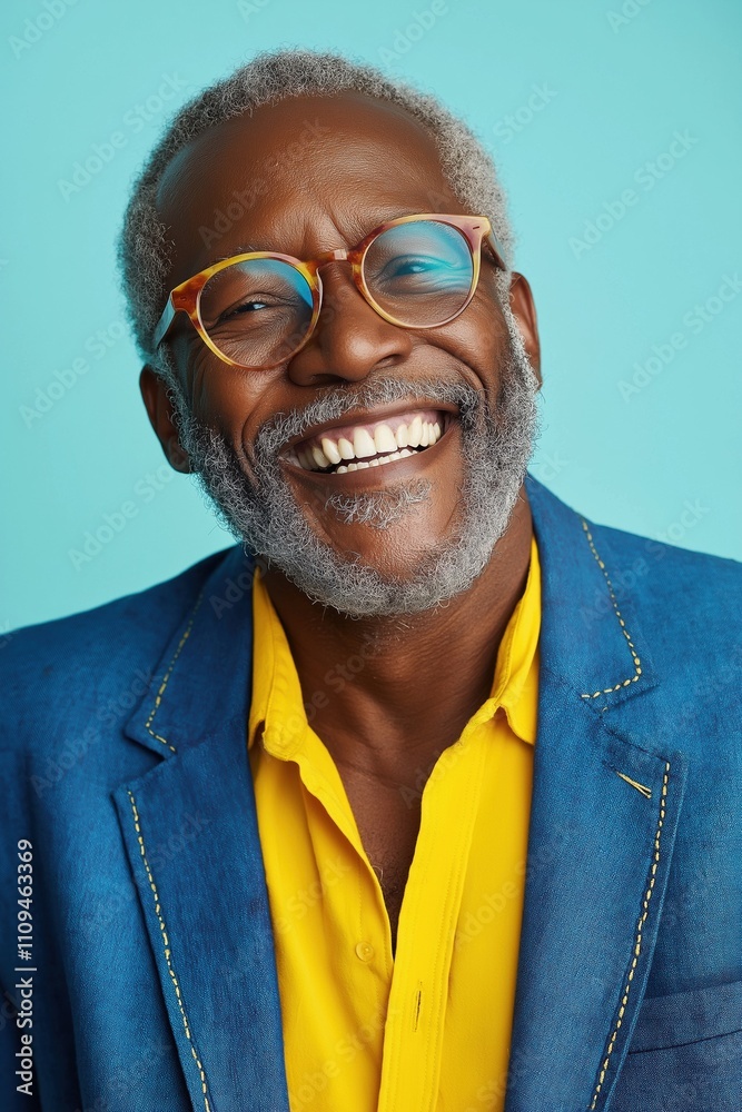 Fototapeta premium A man with a beard and glasses is smiling and wearing a blue jacket and yellow shirt. He looks happy and content