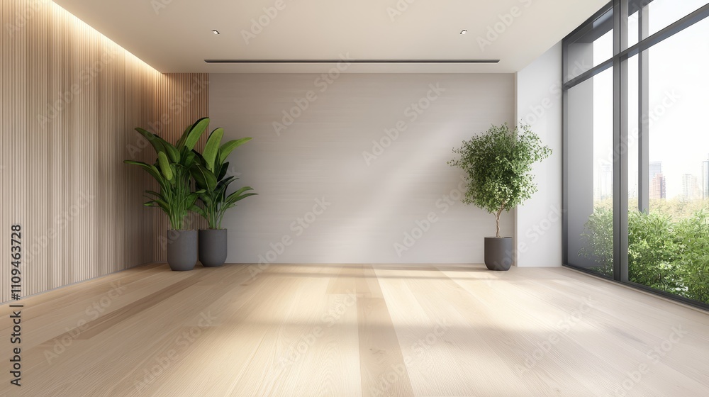 Fototapeta premium A large, empty living room with a couch and a potted plant