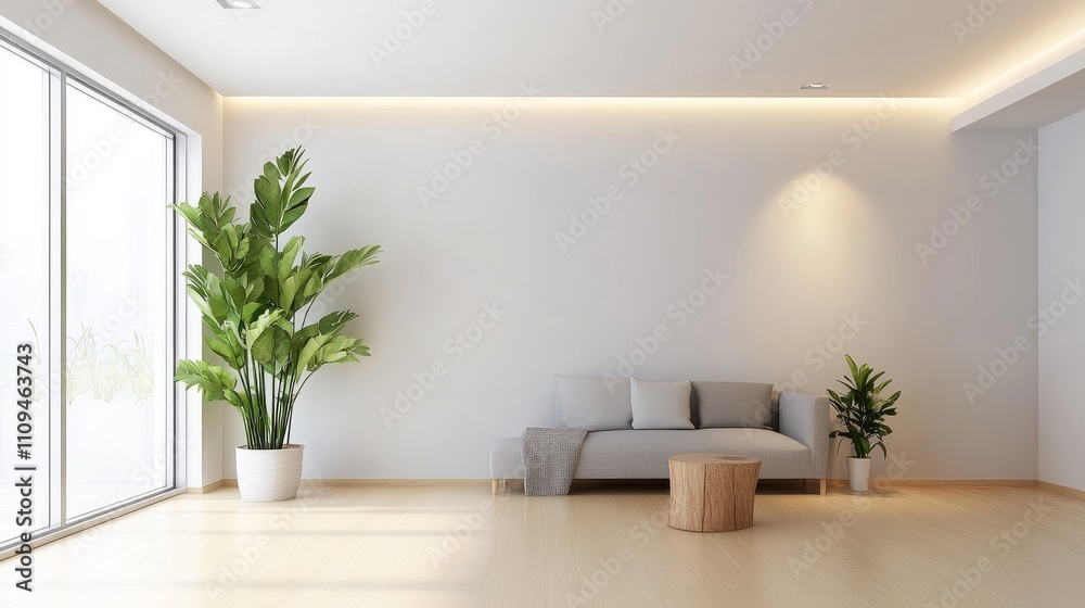 A large, empty living room with a couch and a potted plant A large, empty living room with a couch and a potted plant