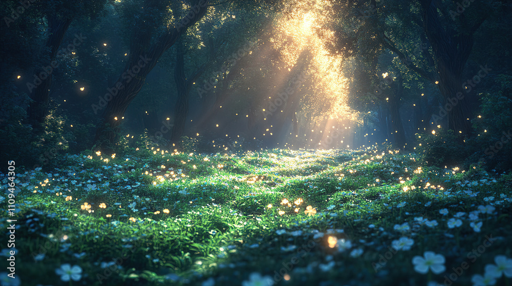 Obraz premium Enchanting forest with sunlight filtering through trees and glowing flowers during a serene evening. Generative AI