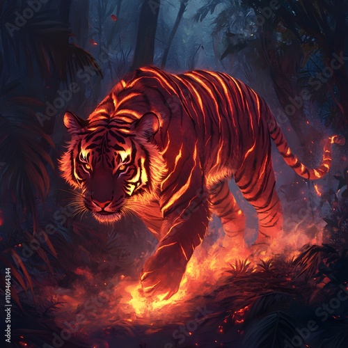 Fiery Tiger in Jungle Mystical Lava Beast Fantasy Art