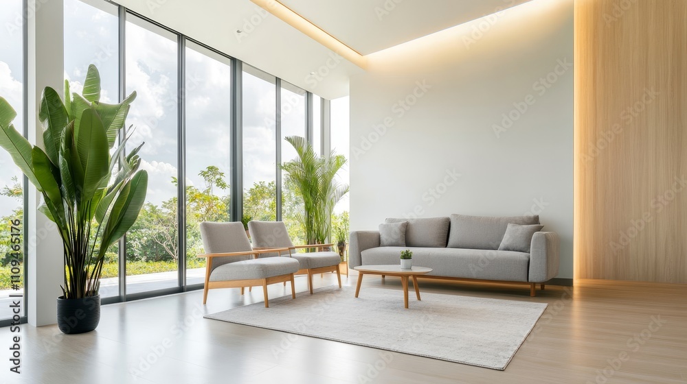 Fototapeta premium A large, open living room with a view of a golf course