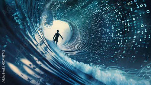 A businessman surfing waves of binary code