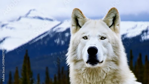 Portrait of a White Arctic Wolf Against Snowy Mountains and Pine Forest Looking