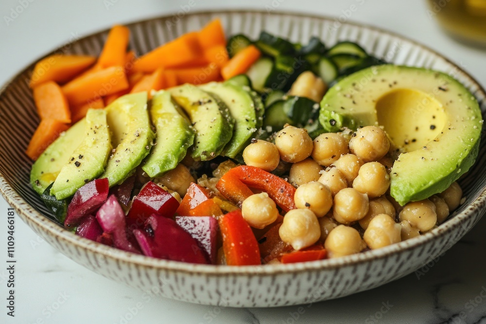 A vibrant bowl of fresh vegetables and chickpeas, ideal for a healthy meal.
