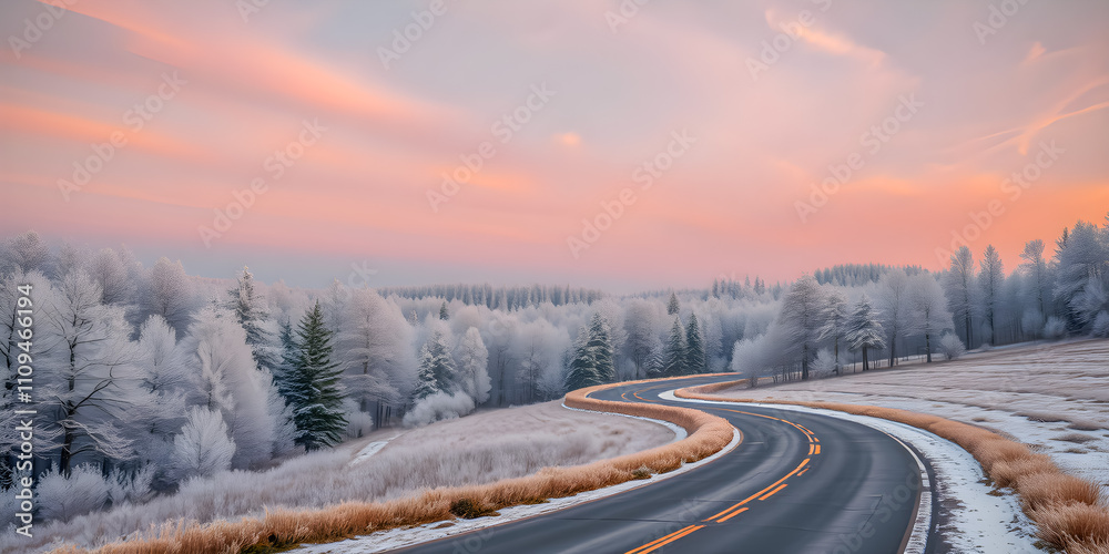 Curved snowy road in winter forest, sunset light foggy sky, romantic clouds. Winter landscape icy roads, amazing frost frozen nature. Seasonal adventure tourism, skiing, hiking. ai generated Curved snowy road in winter forest, sunset light foggy sky, romantic clouds. Winter landscape icy roads, amazing frost frozen nature. Seasonal adventure tourism, skiing, hiking. ai generated
