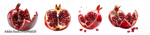 A pomegranate is displayed in various stages of being cut open, showcasing its vibrant red seeds and juicy interior.