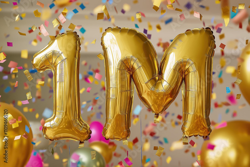 celebration of one million followers with golden foil balloons and confetti on a festive background photo