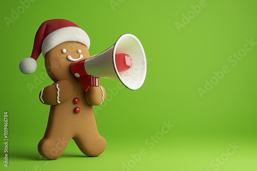 cheerful gingerbread man with santa hat holding a megaphone on a bright green  lime holiday background