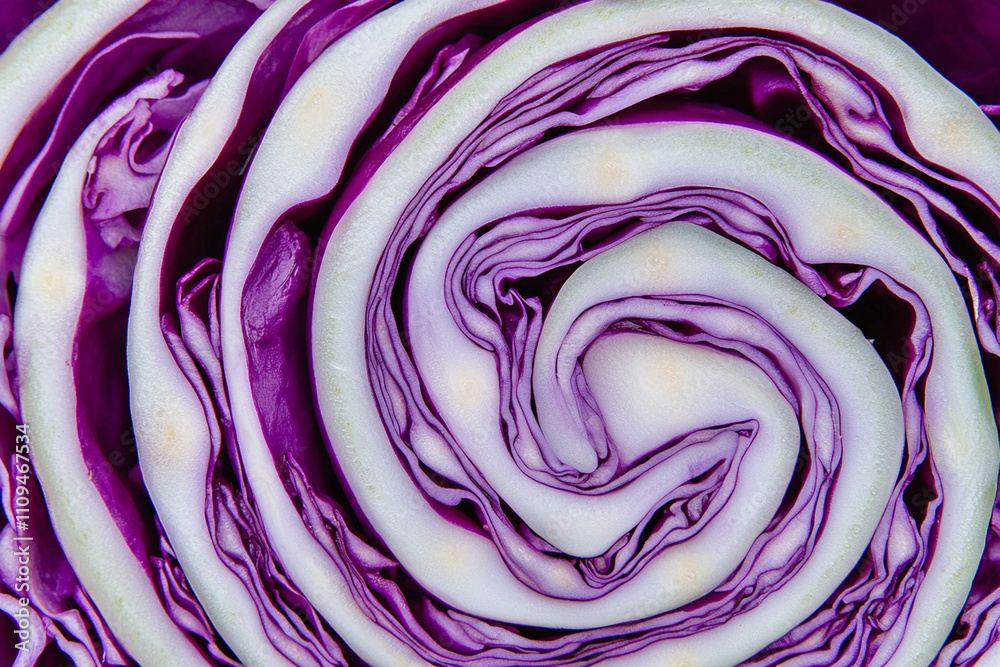 Obraz premium Spiral arrangement of vibrant purple cabbage reveals intricate design