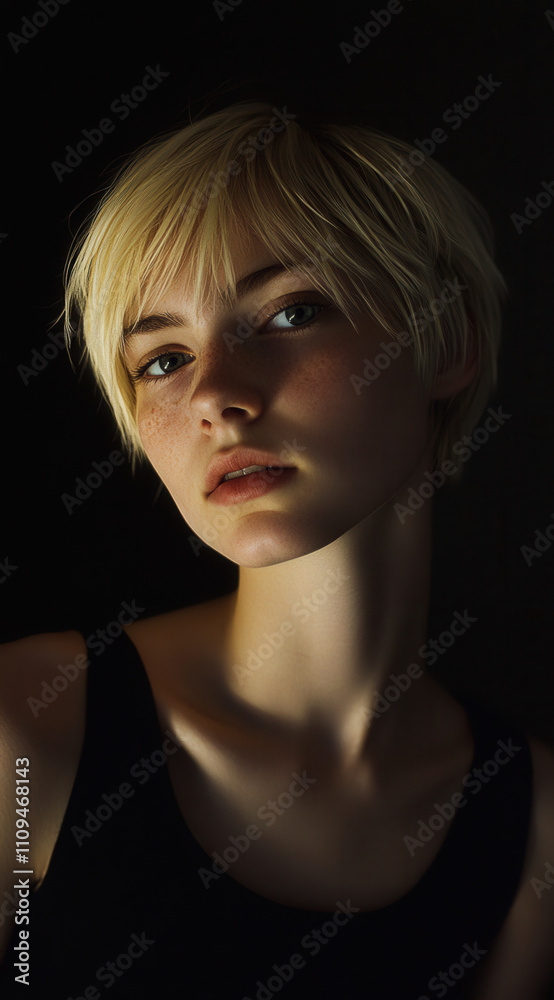Fototapeta premium A thin young blonde woman with short hair looking at the camera on a black background. 