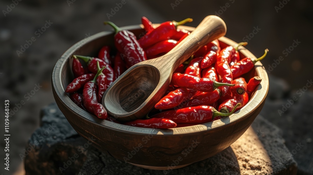 A wooden bowl overflowing with bright red chili peppers, illuminated by warm sunlight, with a wooden spoon resting on top, ready for a fiery culinary adventure. A wooden bowl overflowing with bright red chili peppers, illuminated by warm sunlight, with a wooden spoon resting on top, ready for a fiery culinary adventure.