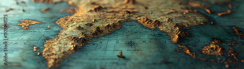 Close-up of an aged, textured map depicting a coastline with a sailing ship.