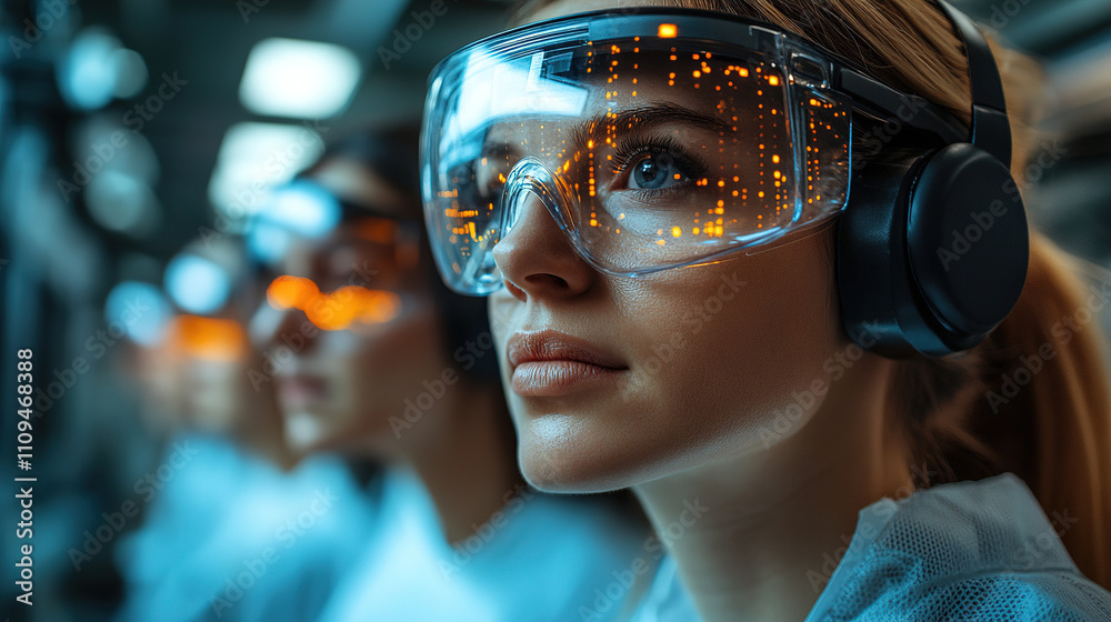 Female scientists engaged in advanced research, wearing protective equipment in a high-tech laboratory setting. Generative AI Female scientists engaged in advanced research, wearing protective equipment in a high-tech laboratory setting. Generative AI