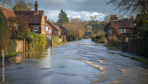 flooding of a Britisch town in the countryside. climate crisis, climate change, extreme weather