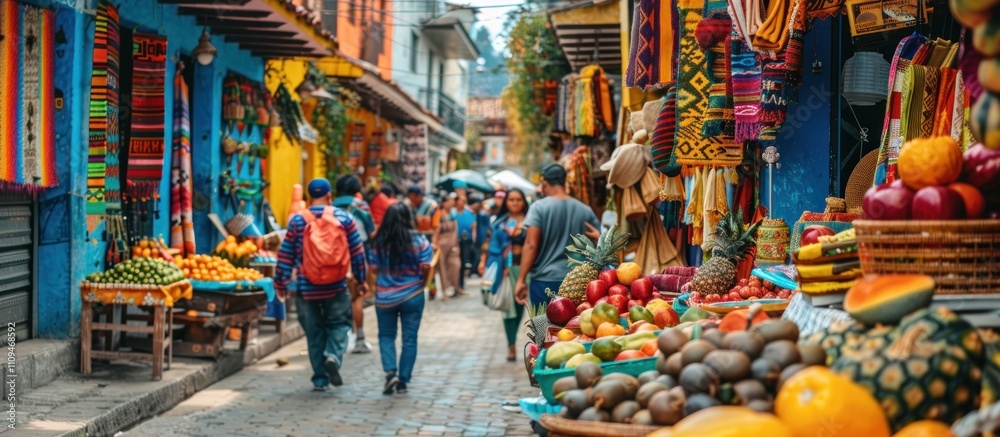 Obraz premium Vibrant marketplace street scene with colorful buildings, shoppers, and abundant fresh produce.