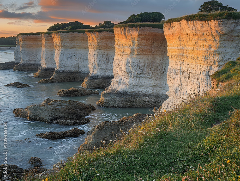 Fototapeta premium Coastal cliffs at sunset, showing layers of rock and vegetation.